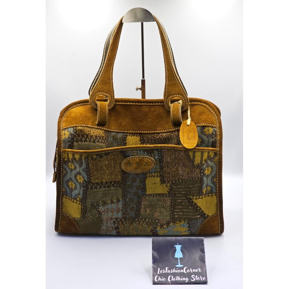Vintage French Company Patchwork Suede Leather Travel Handbag  Sz L 2710